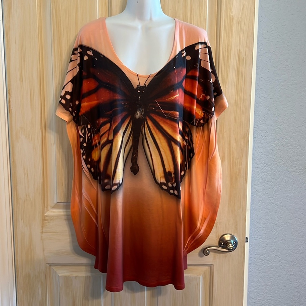 Unity Beach Butterfly Print Screenprint Batwing Tunic Top Swimsuit Coverup Large